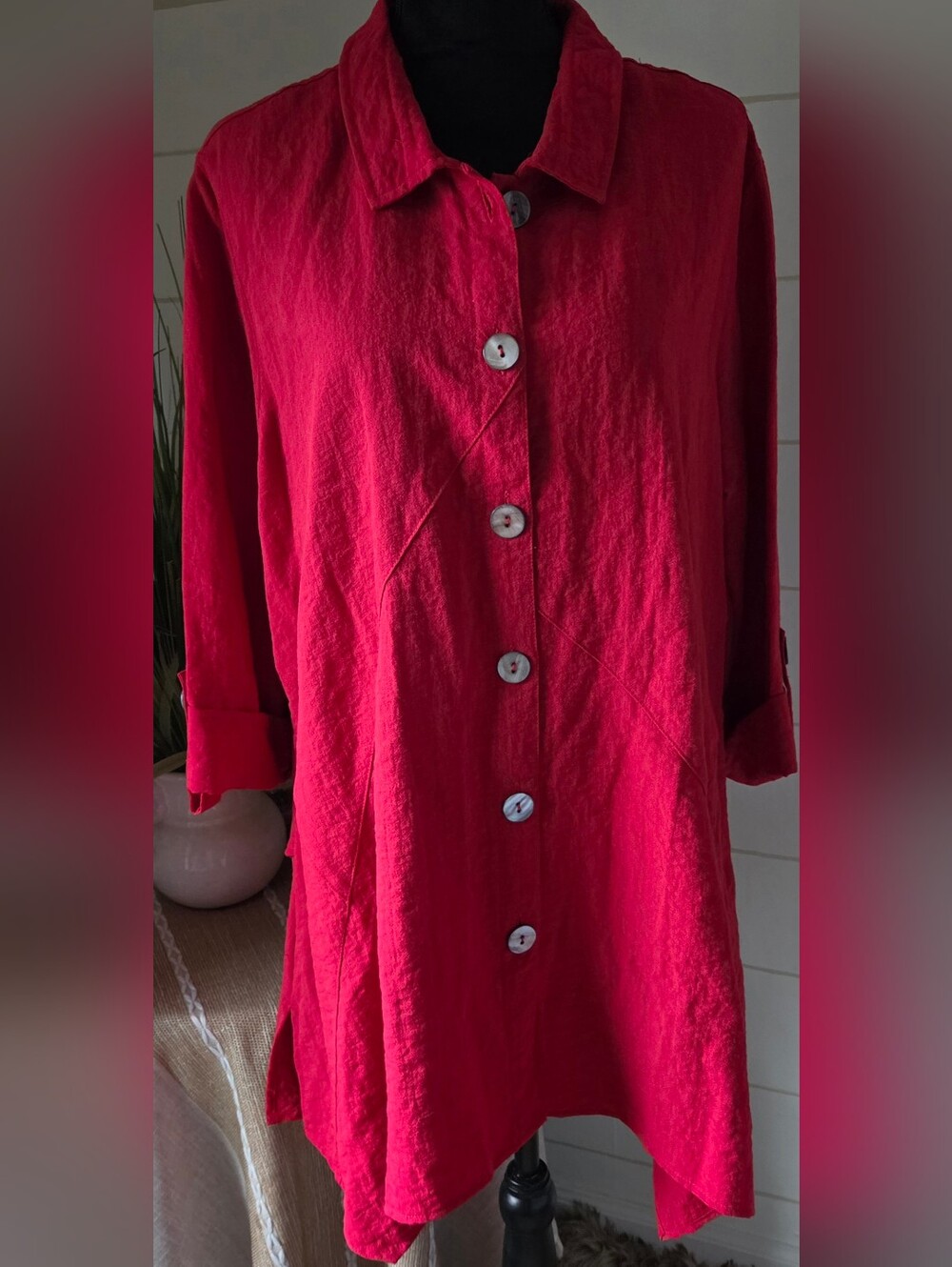 John Mark red crinkle tunic blouse artisan oversized lagenlook button top Boho